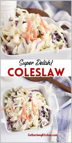 coleslaw salad in a white bowl on top of a blue and white checkered table