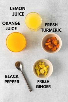 the ingredients for orange juice are shown in bowls