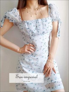 Vintage Square Neck Blue Floral Print Mini Dress with Tie Ruched Sleeve Fitted Mini-length Chiffon Dress For Summer, Chiffon Mini Dress With Ruffles And Square Neck, Fitted Chiffon Dress With Square Neck For Garden Party, Summer Ruched Chiffon Dress, Feminine Fitted Mini Chiffon Dress, Casual Fitted Mini Chiffon Dress, Fitted Casual Mini Chiffon Dress, Casual Fitted Mini-length Chiffon Dress, Casual Fitted Chiffon Mini Dress