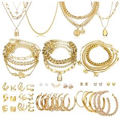 PRICES MAY VARY. 【SET】: 46 Pcs Gold Jewelry Set with 11Pcs Necklace, 11 Pcs Anklet t and 18 Pcs Earring Ear Cuff ,6Hoop Earrings for Women Girls, unique of half chain and half pearl chain with bold baroque pearl, hanging link pearl love necklace, rose pearl hand pendants, white bead hand strings,enrich your jewelry box. Infinite Love:A wide variety of dainty Earrings,Necklace,Rings , no duplicate styles, super practical! You can wear different links no matter what the occasion, as you wish, havi Affordable Dangle Jewelry Sets, Cheap Necklaces For Festivals, Cheap Multicolor Jewelry Sets For Gifts, Cheap White Jewelry Sets As Gifts, Cheap Alloy Jewelry For Formal Occasions, Cheap Adjustable Jewelry For Women, Affordable Alloy Jewelry For Formal Occasions, Cheap Festival Jewelry For Women, Cheap Link Jewelry For Party