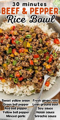 the recipe for beef and pepper rice bowl is shown