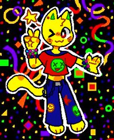 an image of a cartoon character surrounded by confetti and streamers on a black background