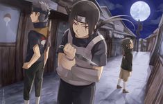 an anime scene with two people standing in the street and one person holding a knife