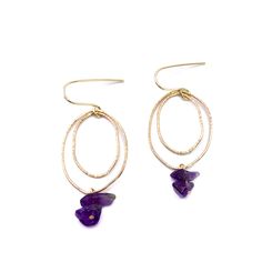 Gold & Stone Earrings - These delicate, beautifully textured double hoop earrings are accented with luscious amethysts. 14k gold-filled ear wires. Dainty Gold Amethyst Earrings, Gold Amethyst Earrings With Ear Wire, Gold Amethyst Dainty Earrings, Elegant Gold Amethyst Hoop Earrings, Modern Amethyst Gemstone Earrings, Modern Purple Gemstone Earrings, Purple Natural Stones Drop Earrings, Luxury Purple Briolette Earrings, Purple Gemstone Chandelier Earrings