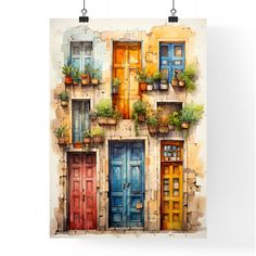 a painting of an old building with colorful doors and planters on the windowsill