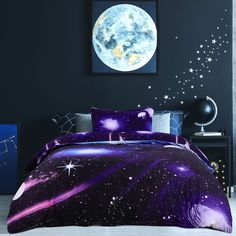 a bed room with a neatly made bed and stars