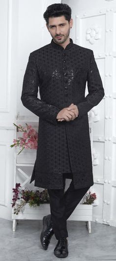 Black and Grey color Sherwani in Art Silk fabric with Embroidered, Sequence, Thread work Traditional Black Bandhgala With Chikankari Embroidery, Black Sherwani With Chikankari Embroidery, Black Chikankari Embroidery Sherwani, Black Chikankari Embroidered Sherwani, Black Chikankari Embroidery Sets For Reception, Black Sets With Chikankari Embroidery For Reception, Black Bandhgala With Chikankari Embroidery Bollywood Style, Black Sherwani With Chikankari Embroidery For Festivals, Traditional Black Bandhgala With Resham Embroidery