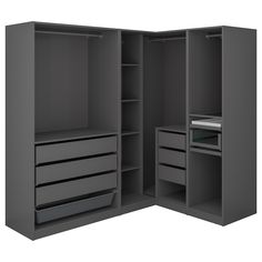 an open gray cabinet with drawers and shelves