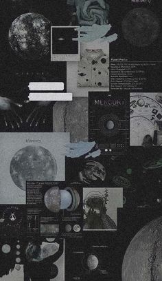 a collage of images with the moon and planets in black, white and grey