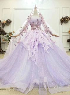 At Incredible Price Purple Ball Gown Tulle Long Sleeve Appliques Pleats Wedding Dress Light Purple Wedding Dress, डिजाइनर कपड़े, Baju Kahwin, Haute Couture Wedding Dress, Pink Ball Gown, White Ball Gowns, Blue Ball Gowns