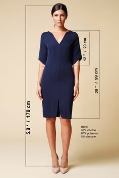 "A midi dress featuring v-neckline, fabric belt, and a front slit. - v-neckline - midi length - half sleeve - fabric belt - semi-fitted silhouette - concealed back zipper closure color: navy Fabric: viscose - 35%, elastane - 5% , polyester 60%. Our model wears size S (06) and is 177cm/5'9\" tall. For Size S (6 US): dress length - 40'' (101cm) MORE DRESSES: https://www.etsy.com/shop/TAVROVSKA?ref=hdr_shop_menu SIZE CHART EU 32 __ US 2 bust: 30,5\" | 77 cm waist: 23,5\" | 59 cm hips: 33,5\" | 85 c Simple Modest Dresses, Women With Sleeves, Dress Smart Casual, Blue V Neck Dress, Smart Casual Dress, Office Dresses For Women, Uniform Dress, Womens Fall Dress, Business Dress