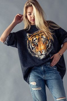 Casually Cool! Acid Wash Oversized Tiger Sweatshirt Black French Terry Oversized Soft-washed Black T-shirt, Washed Black Crew Neck T-shirt For Fall, Oversized Graphic Print Tops For Winter, Oversized Soft-washed T-shirt For Fall, Black Soft-washed Long Sleeve Tops, Black Long Sleeve Soft-washed T-shirt, Trendy Black Soft-washed Tops, Black Long Sleeve Soft-washed Tops, Casual Washed Black T-shirt For Fall