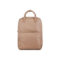 a tan leather backpack on a white background