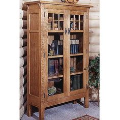 an oak bookcase with glass doors and shelves in the corner, next to a potted plant