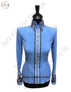 This GORGEOUS Skyblue shirt is covered with gorgeous Swarovski crystals that sparkle from every angle. Sky blue western show shirt. We are using brand fabric. Unveiling our Brand New Shirts done by a professional tailor. Each and Every design is made with the proper pattern So that it wouldn't go to the wrong direction and haven't make you feel the clumsiness and tightened. We also set the seam from all sides of the corner for making the future alteration as we must not be forget to mention about the cloth that we use stretchable which is very supportive to your body and medium weight, which automatically adjust your size and offer great freedom to move and ride while still being light, cool and undeniably stylish. In our expressive designs We also offer our customers to use Leather instea Formal Fitted Embellished Shirt, Embellished Fitted Formal Shirt, Elegant Embellished Fitted Shirt, Formal Fitted Rhinestone Tops, Formal Fitted Tops With Rhinestones, Fitted Long Sleeve Rhinestone Shirt, Fitted Long Sleeve Shirt With Rhinestones, Fitted Blue Embellished Blouse, Fitted Party Shirt With Rhinestones