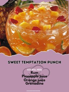 an advertisement for a tropical punch with oranges and pineapple