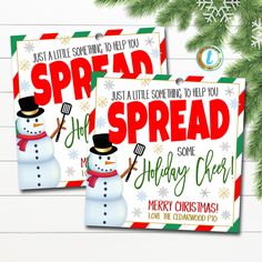 two christmas cards with snowmen on them, one says spread the word and the other says