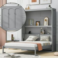 a bedroom with a bed, bookshelf and pictures on the wall above it