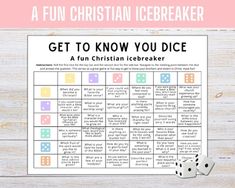 a fun christian icebreakerr game with dices on it and the words get to know