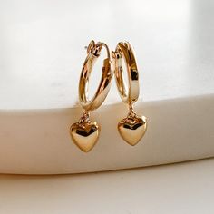 Dangle Heart Hoop Earrings - Gold Filled - Adorned by Ruth Heart Earrings Gold, Gold Heart Dangle Earrings, Gold Hoop Earrings Aesthetic, Minimalist Accessories Jewellery, Cute Hoop Earrings, Hoop Earrings With Charm, Hoop Earrings Aesthetic, Golden Earring, Gold Heart Earrings