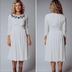 Size Small. Brand New With Tags! Chic White Embroidered Spring Dress, Chic White Embroidered Dress For Spring, White Fitted Dress With Embroidered Hem, White Embroidered Midi Dress For Spring, Fitted White Dress With Embroidered Hem, Fitted White Dresses With Embroidered Hem, Elegant White Embroidered Dress With Hem Detail, Chic White Embroidered Midi Dress, Fitted White Embroidered Dress With Embroidered Hem