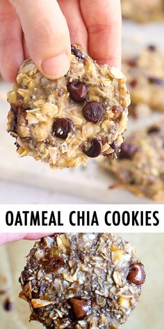 an oatmeal chia cookie is being held up in front of the camera