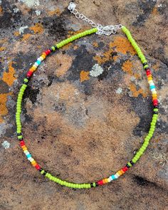 The colors of summer in one necklace! Hand made to order every time! Neon Beaded Necklace, Sead Bead Necklace, Bead Knitting, Bead Mosaic, Summer Choker, Simple Beaded Necklaces, Colors Of Summer, Ankle Bracelets Diy, Beaded Bead