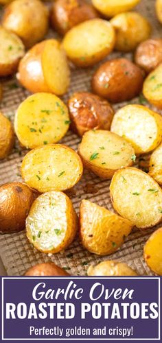 garlic oven roasted potatoes with text overlay