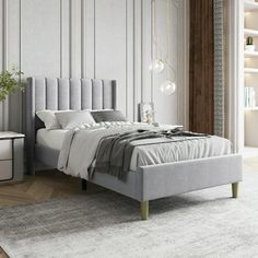 a bedroom with a bed, nightstands and shelves