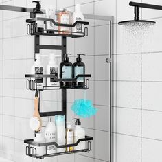 a shower caddy with soap, shampoo and lotion on it in a white tiled bathroom