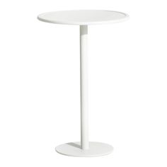 a white table with a round base on the top and one leg in the middle