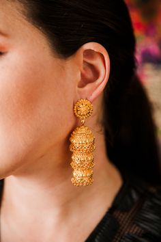 We call these, “The most beautiful,” when describing them to our byVINNIK collectors. From our premium collection of jewelry, we know you’ll love these brass and 22k gold temple style jhumki earrings. They are extremely lightweight and feature ornate filigree. Stud posts with extra supportive backs for an effortless wear. Temple Earrings, Hollywood Gowns, Grommet Dress, Heavy Jewelry, Opera Coat, Contemporary Costumes, Jhumki Earrings, Slow Fashion Movement, Cocoon Coat