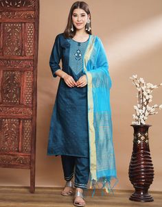 Traditional Function Wear Pure Silk Blend Readymade Suit Teal Blue Pure Silk Blend Pant Straight Front View Lehenga Suit, Pink Bottom, Hip Dress, Pants Straight, Waist Dress, Blue Art, Straight Pants, Embroidered Silk, Salwar Kameez