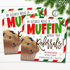 two christmas themed business cards with muffins on them