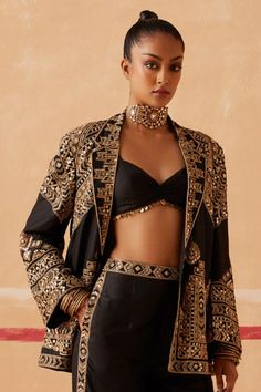 Black silk full sleeve jacket with sequin, bead, cutdana, thread embroidery in geometric pattern. Paired with blouse and pant. - Aza Fashions Traditional Fall Party Sets, Traditional Party Sets For Fall, Long Sleeve Sequin Sets For Festivals, Festive Party Outerwear With Resham Embroidery, Evening Embroidered Long Sleeve Choli, Long Sleeve Sets With Mirror Work For Party, Party Sets With Mirror Work And Long Sleeves, Designer Long Sleeve Outerwear With Mirror Work, Fitted Bollywood Outerwear For Party