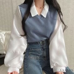 Lasaky - Long Sleeve Sweater with Patchwork Collar and Loose Fit Preppy Mode, Korean Shirt, Shirt Dress Pattern, Y2k Tops, Patches Fashion, Estilo Preppy, Korean Casual, Top Streetwear, Elegant Blouses