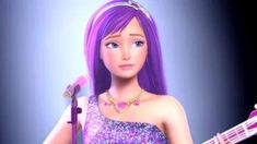 a barbie doll with purple hair holding a pink guitar