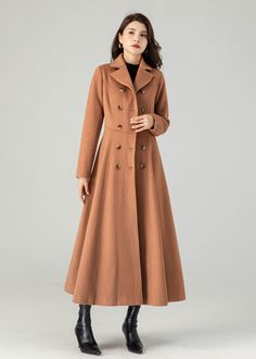 "FEATURES 50% wool, 50% wool blend Fully liner with polyester Two pockets Lapel collar Long sleeve Button closure in front For Winter, Autumn dry clean ★★Mode size Height 170cm (5′ 7″)  Bust 84 cm (33\")  Waist 66 cm (26\")  She wears size XS. ★★Bespoke Order Service If you Request other color Request the length Your height is not between 155 cm- 175 cm Your weight is not between 47 kg -77 kg I can do it for you, It will need some extra fee depending on on your need. Contact with me for more det Classic A-line Fall Outerwear, Formal A-line Outerwear For Fall, Formal A-line Fall Outerwear, Solid A-line Outerwear For Fall, Double-breasted Wool Outerwear For Fall, Beige Long Sleeve Wool Coat, Fall A-line Single Breasted Outerwear, Long Wool Coat With Double Button Closure For Fall, Fall Long Wool Coat With Double Button Closure