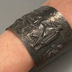 "This is such a cool piece of jewellery! It bears the maker's mark of Hans Jensen. Based in Copenhagen, the Hans Jensen Co. was active from 1899 to 1970. The silver plate is patinated, adding both interest and depth to the tavern scene depicted. I'm not sure exactly when this bracelet was made or the design created, but I suspect mid century. The characters in the scene are clearly peasants wearing ancient styles of clothing. The bracelet tells a story that appears to date to the 18th or 19th ce Mabe Pearl Necklace, Tavern Scene, Mabe Pearl, Beautiful Blankets, Maker's Mark, Makers Mark, Vintage Brooches, Cuff Bracelet, Copenhagen