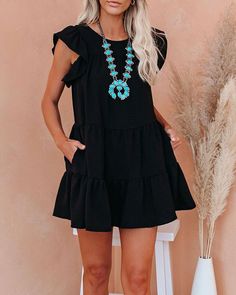 Casual Shift Mini Dress With Ruffles, Chic Black Tiered Dress With Ruffles, Casual Ruffle Dress With Flutter Sleeves, Black Casual Tiered Dress With Ruffles, Chic Shift Dresses With Ruffles, Casual Tiered Dress With Flutter Sleeves And Ruffles, Chic Tiered Ruffle Dress With Flutter Sleeves, Casual Sleeveless Tiered Dress With Ruffles, Chic Tiered Dress With Flutter Sleeves And Ruffles