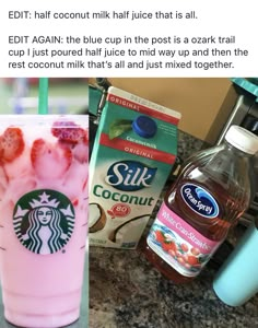 starbucks drinks are shown with strawberries and coconut milk