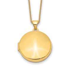 A shimmering curved top accentuates this meaningful domed locket necklace. Fashioned in 14K yellow gold, the 18-inch box chain secures in place with a spring ring clasp. Tarnish Resistant Domed Jewelry Gift, Domed Tarnish Resistant Jewelry For Gifts, Gold Locket Necklace With Round Disc, Gold Domed Jewelry Gift, Gold Engraved Round Disc Locket Necklace, Elegant Gold Round Disc Locket Necklace, Gold Round Locket Necklace Tarnish Resistant, Elegant Round Locket Necklace Tarnish Resistant, Elegant Tarnish Resistant Round Locket Necklace