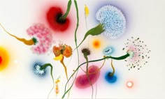 an abstract painting with flowers and bubbles in the middle, on a white background that appears to be multicolored