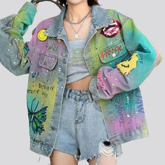 Introducing our 2023 Spring-Summer Collection of neon-stained painted denim oversized jackets the perfect combination of classic and contemporary style!Why You Should Add This Iconic Piece To Your WardrobeThis unique piece offers a modern twist on the classic denim jacket. with eye-catching neon stains and a butterfly print for a truly unique fashion statement. The oversized fit ensures comfort. while the buttoned closure adds a touch of sophistication.Distinctive Features: Y2K-Style: Take a wal Trendy Multicolor Outerwear With Pockets, Summer Washed Outerwear For Streetwear, Summer Streetwear Washed Denim Jacket, Multicolor Denim Jacket For Spring, Spring Streetwear Denim Jacket, Summer Washed Denim Jacket For Streetwear, Spring Multicolor Denim Jacket, Multicolor Denim Outerwear With Graphic Print, Spring Graphic Print Denim Jacket