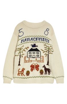 Vintage New England knitwear and antique embroidery patterns merge in this whimsical crewneck sweater knit from wool yarns. 26 1/2" length (size large) Crewneck Long sleeves Ribbed cuffs and hem 100% wool Dry clean Made in Peru Designer Clothing Pattern Knit Sweater, Vintage Fall Sweaters, Norwegian Fashion Modern, Knitted Christmas Sweaters, Knit Graphic Sweater, Fun Knit Sweater, British Clothing Style Women, Trendy Items 2024, Oversized Cotton Sweater