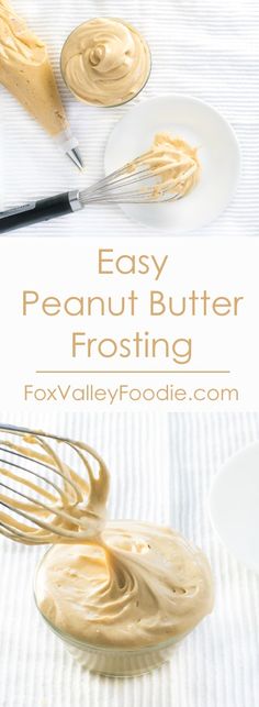 peanut butter frosting in a glass bowl with a whisk