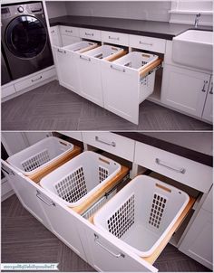 two pictures of the inside of a washer and dryer in a laundry room