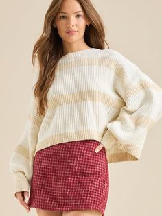 Elevate your everyday style with this chic and versatile striped chenille sweater. The soft and shimmering fabric will add a touch of glamour to your look, while the classic striped pattern ensures timeless elegance. Chic Striped Knit Sweater, Chic Striped Sweater For Fall, Chenille Sweater, Chenille Fabric, Altar'd State, Christmas Dress, Everyday Style, Dress With Boots, Homecoming Dresses