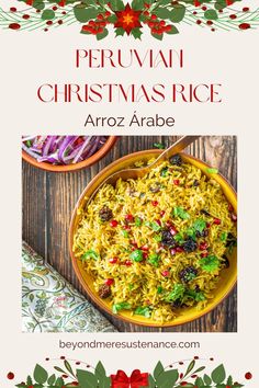 a bowl filled with rice and topped with cranberries on top of a wooden table