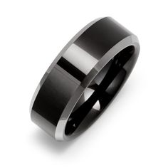 This 8mm wide ring is a black plated Tungsten Ring. Each of the edges of the ring has a Silver colored edge  for a two tone style. The Black ring can be engraved inside the band. Personalized Wedding Bands, Coordinates Jewelry, Black Tungsten Rings, Tungsten Mens Rings, Cz Rings Engagement, Black Tungsten, Tungsten Ring, Engraved Jewelry, Ring Sizes